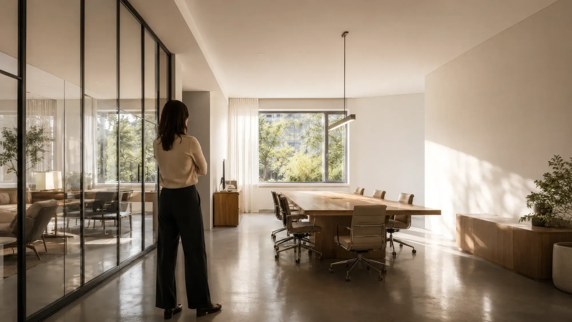 Illustrative workplace with a meeting table and glass partitions